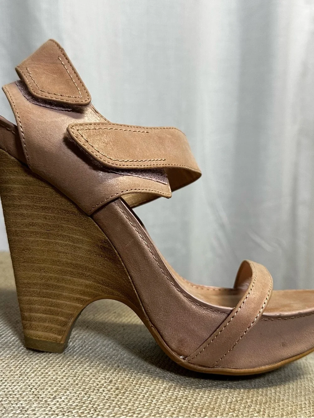 Max Studio Tan Leather Block Heel Sandals with Ankle Strap